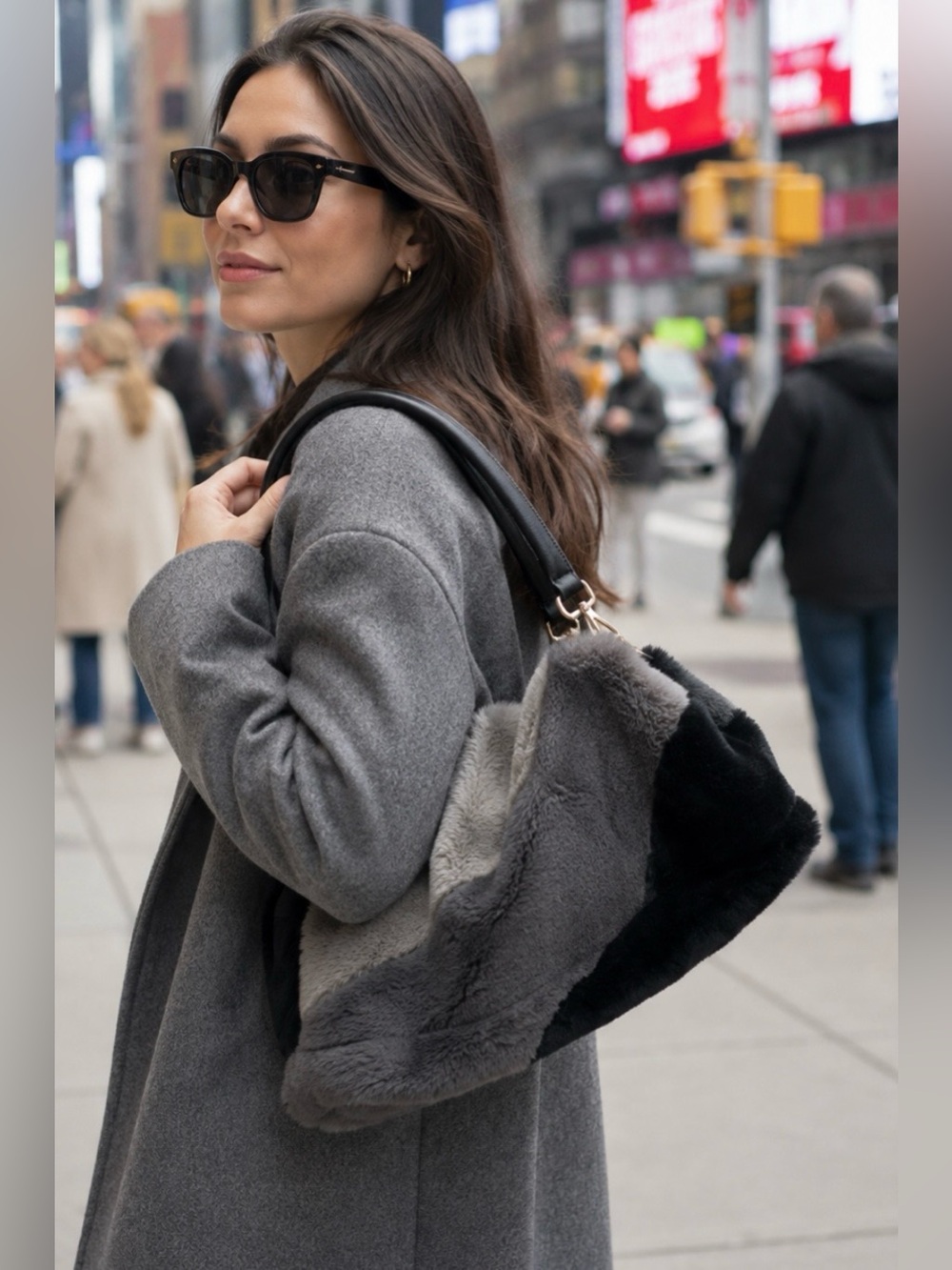 Plush Patchwork Faux Fur Shoulder Bag in Gray Multi